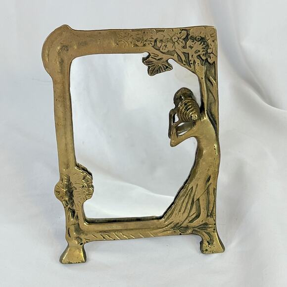 VTG Brass Mirror Art Nouveau Vanity Mirror 3D Lady By The Lake Sculpture MCM 9x6 - Picture 2 of 6